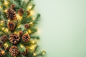 Pine branches and pinecones decorated with string lights on a light green background.