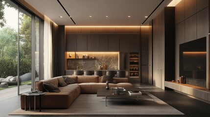 Modern living room with sleek furniture, neutral tones, and soft lighting.