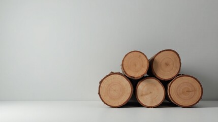 Stacked Wooden Rounds on a Neutral Background A Minimalist Composition Featuring Natural Wood Textures