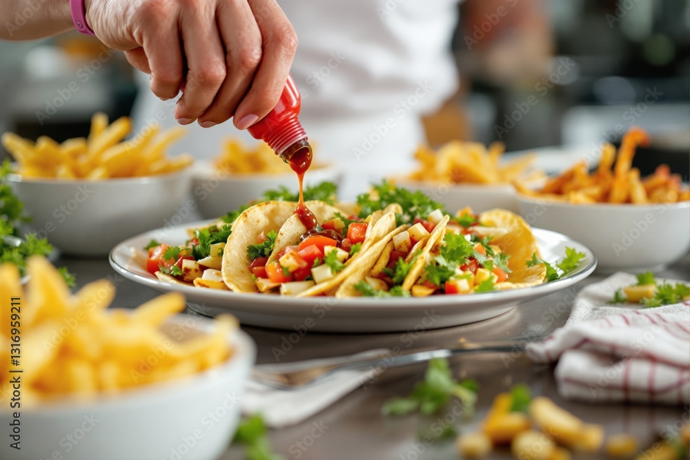 Poster chef adding sauce to nachos with fries in background.