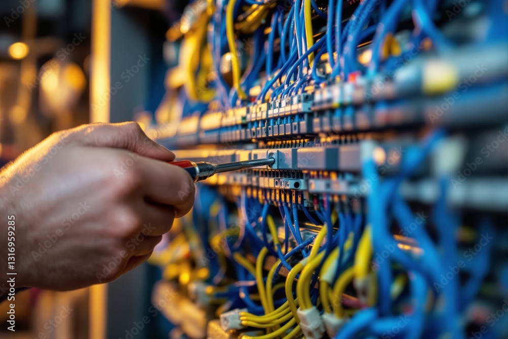 Aufkleber technician working on network cables with screwdriver.