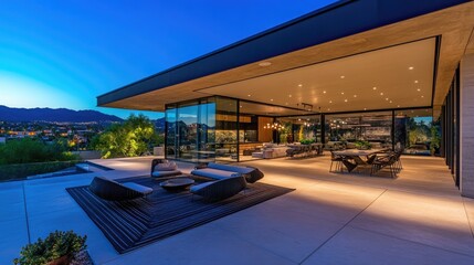 Obraz premium Modern luxury penthouse with an expansive terrace, glass walls, and breathtaking night views.