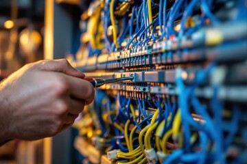 Technician working on network cables with screwdriver.