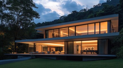 Fototapeta premium Modern two-story house with sleek architecture, large glass windows, and warm lighting at dusk.