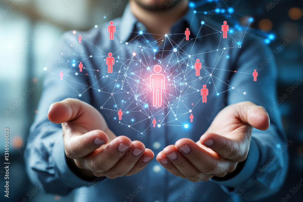 Poster person holding interconnected digital network of icons symbolizing communication and human connectio