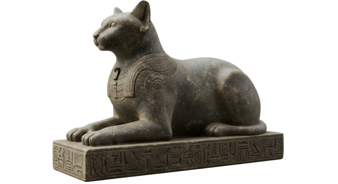 Ancient feline statue resting with detailed carvings and cultural significance