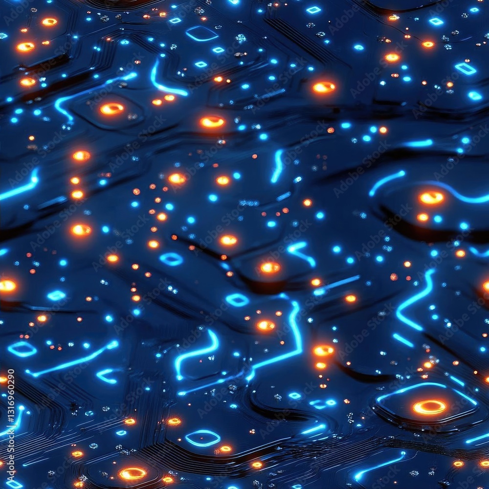Poster abstract close-up of illuminated circuit board patterns with blue and orange lights reflecting