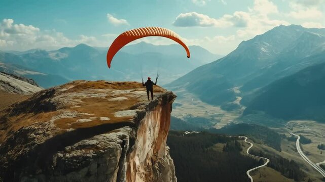 Paraglider prepares for takeoff in scenic mountain landscape with dramatic clouds under bright sunlight