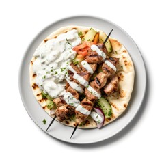 A Plate of Pork Souvlaki with Tzatziki Sauce and Pita Bread