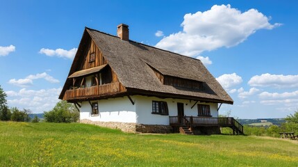 Old-fashioned country home with a sloped roof and wooden beams.