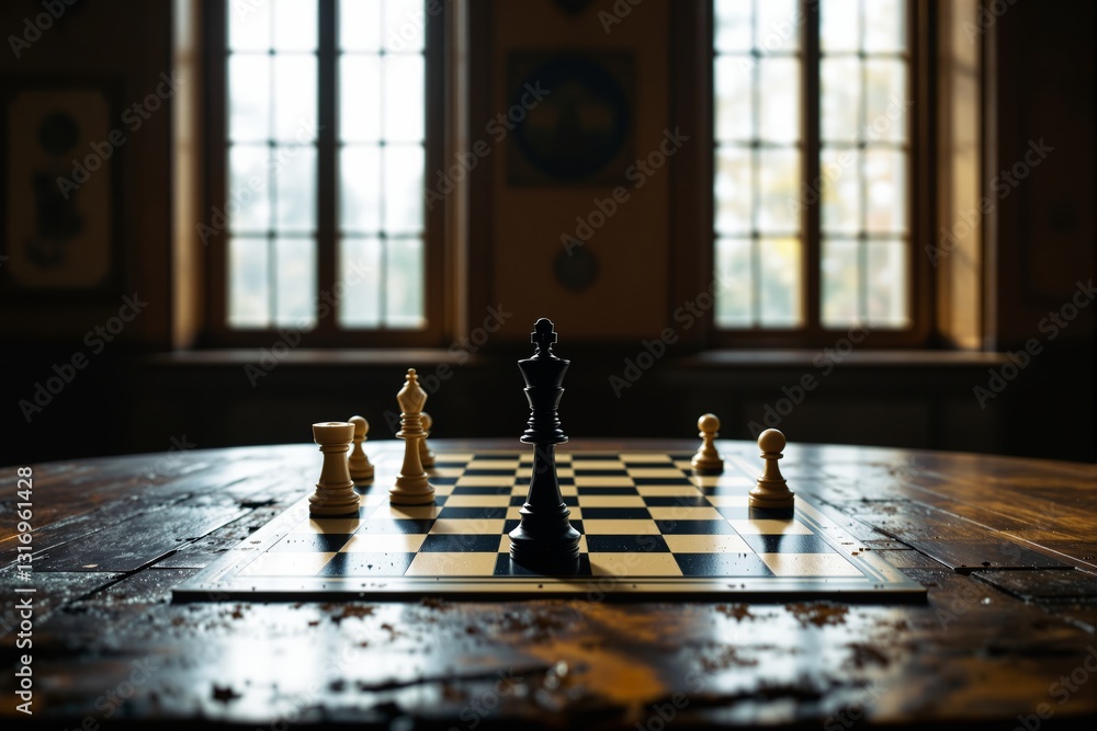 Poster chessboard with pieces in focus, illuminated by soft natural light through a window in the backgroun