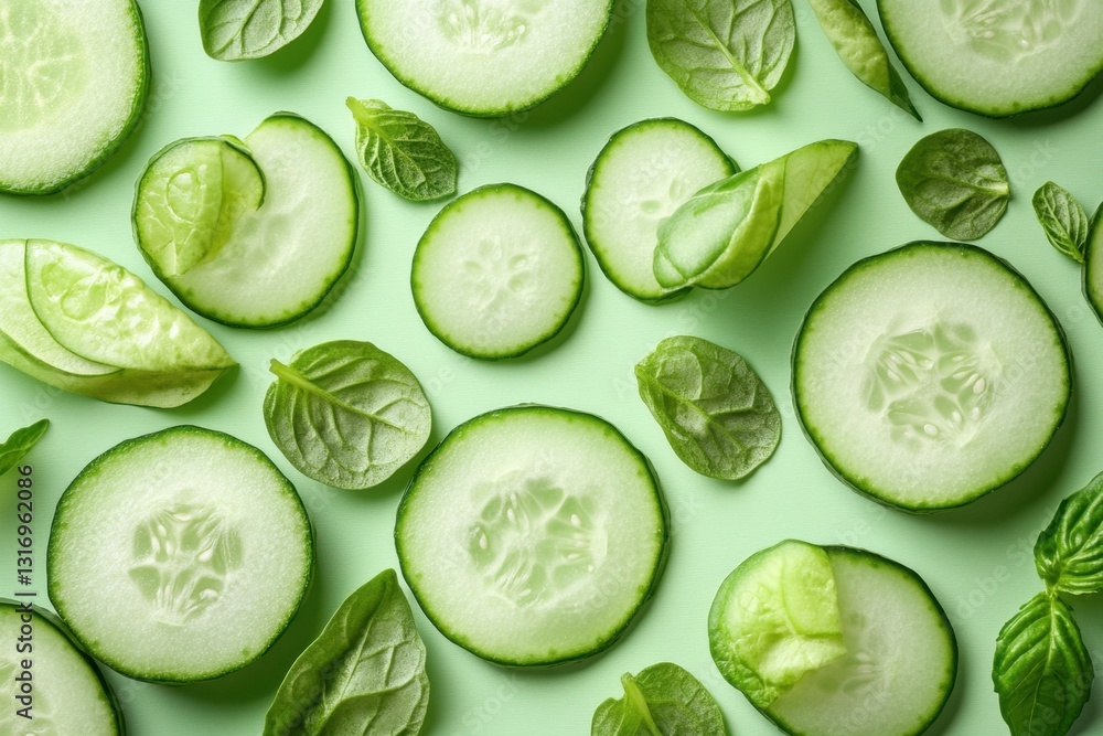 Poster refreshing cucumber slices and vibrant green basil leaves on a light green background creating a hea
