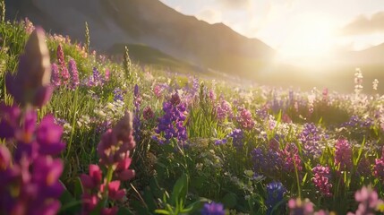 Obraz premium Vibrant wildflowers bloom in a mountain meadow at sunrise.