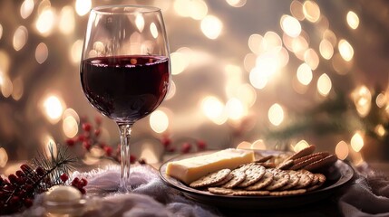 Red wine glass with cheese and crackers, festive background.