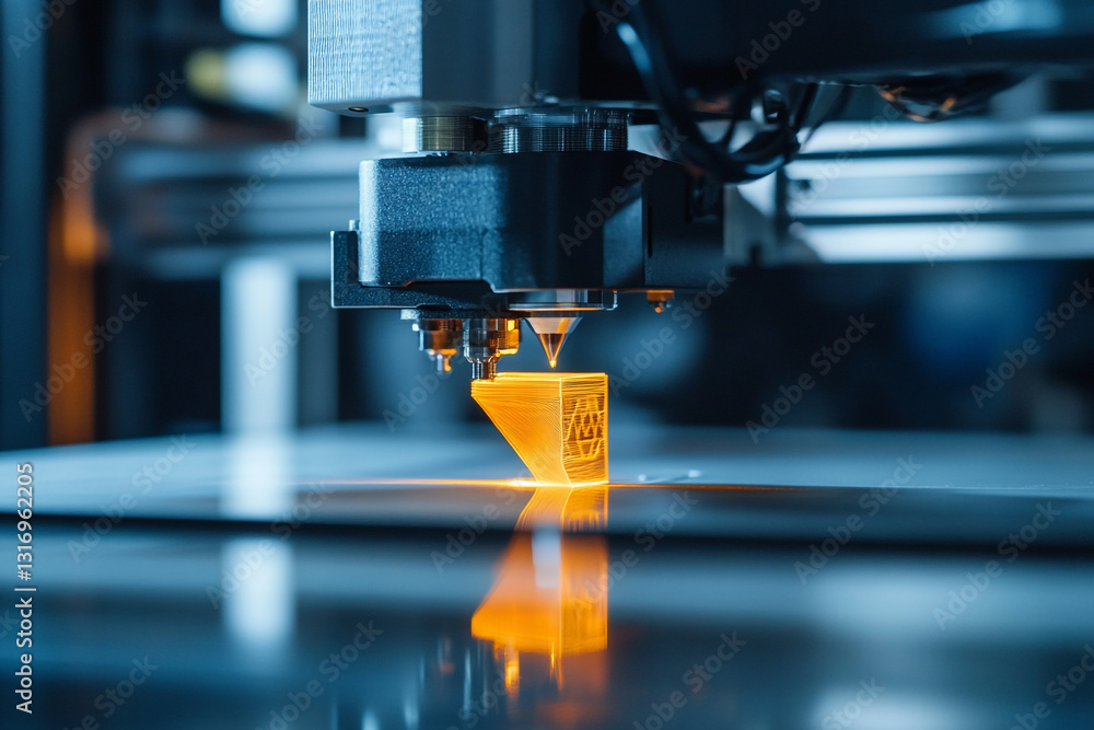 Poster closeup view of advanced 3d printer creating orange object modern technology innovation future model