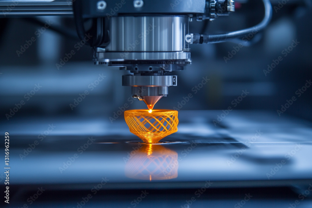 Poster advanced 3d printing technology creating orange filament object tool model rapid layer future design