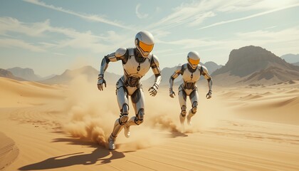 Futuristic desert race: Two humanoid robots navigating sandy landscapes with speed