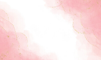 Abstract pink rose blush liquid watercolor background with golden lines, dots and stains. Pastel marble alcohol ink drawing effect. watercolour texture for cards, Brushstrokes and splashes.
