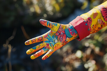 Colorful hand painted glove extends open palm outdoors bright vivid art red style image nature design
