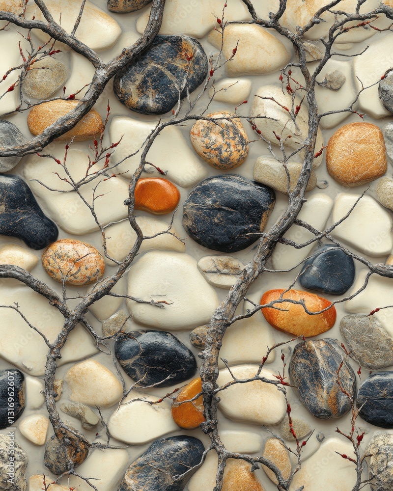 Poster captivating stone arrangement with delicate branches a harmonious blend of natural textures and eart