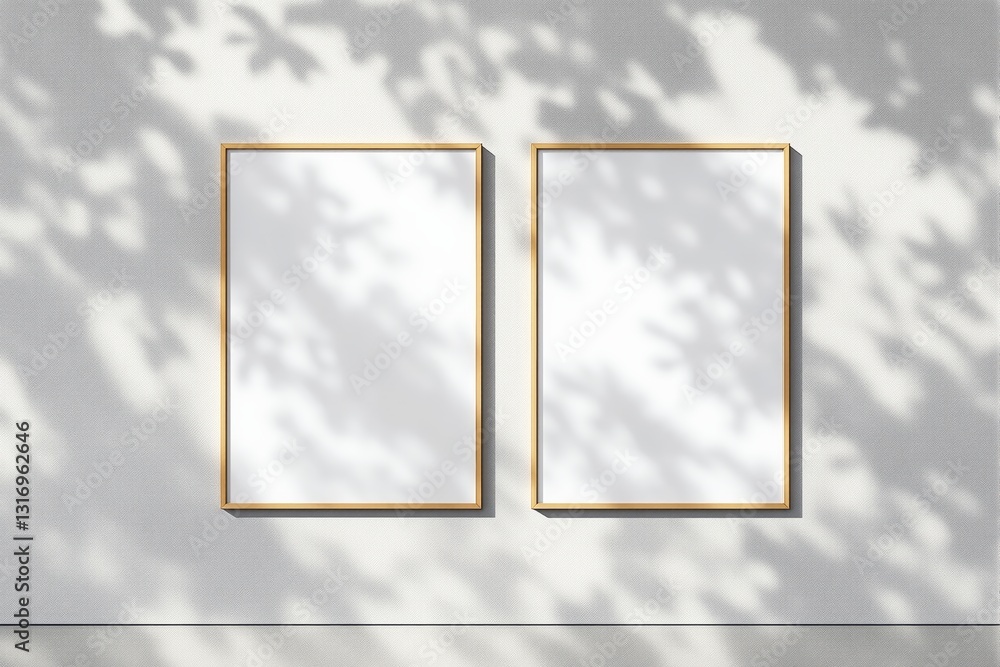Poster Minimalistic blank frames with golden borders on a textured wall with dappled light shadows.