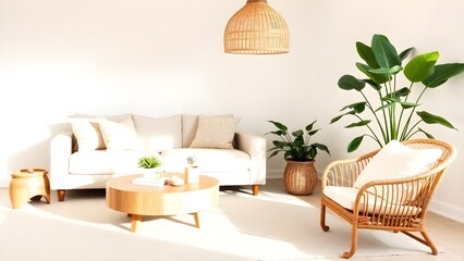 Cozy light home interior mock-up in pastel colors, 3d render