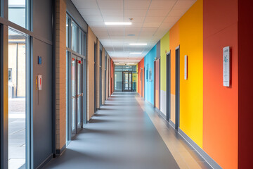 Bright colorful school corridor interior design modern architecture grey walls doors floor light