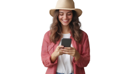 A happy woman in casual clothing using her cell phone to send a message, cut out and isolated on a transparent background, showing a sense of relaxation and satisfaction