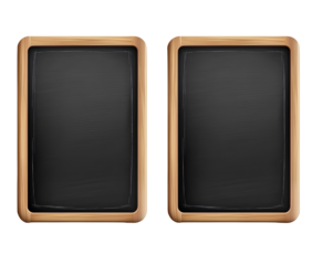  Set of three black chalkboards with wooden frames, isolated on a transparent background, front view. Chalkboards for school or restaurant menu design template vector illustration, PNG file