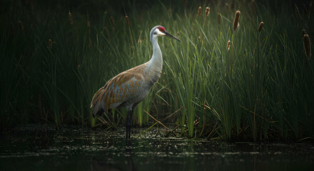 Naklejka premium Crane Posed in a Lush Marsh Environment