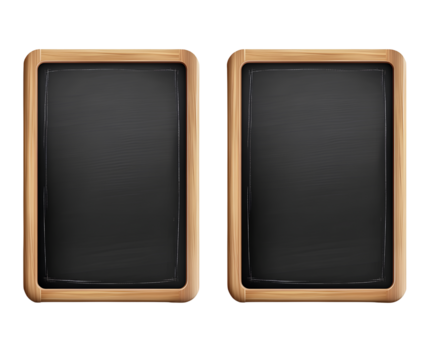  Set of three black chalkboards with wooden frames, isolated on a transparent background, front view. Chalkboards for school or restaurant menu design template vector illustration, PNG file