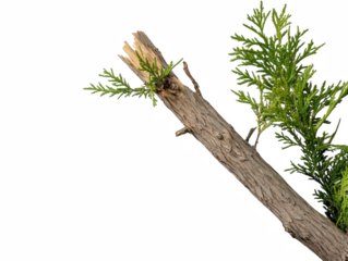 A tree branch with a few leaves on it. The branch is broken and has a few holes in it