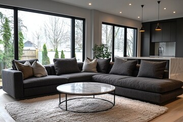 Fototapeta premium Mid century Modern Interior Design in the living room with dark gray sofa and coffee table. Generative AI 