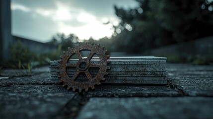 A rusted gear lies atop a stack of faded contracts, representing the breakdown of industry and the passage of time in business.