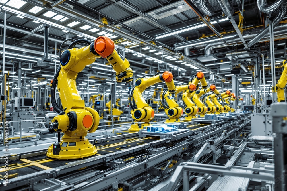 Aufkleber industrial robotic arms on assembly line in factory.
