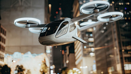 A sleek electric air taxi hovers above a neon-lit futuristic city, blending advanced technology, modern aviation, and smart urban transport in a cyberpunk-inspired metropolis.