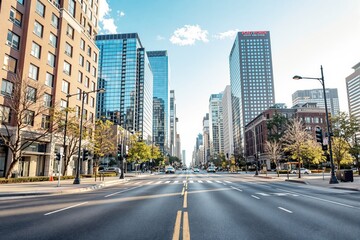 City street with modern skyscrapers and business buildings.