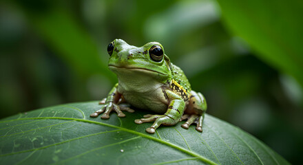 Obraz premium Frog Sitting Calmly on a Leaf