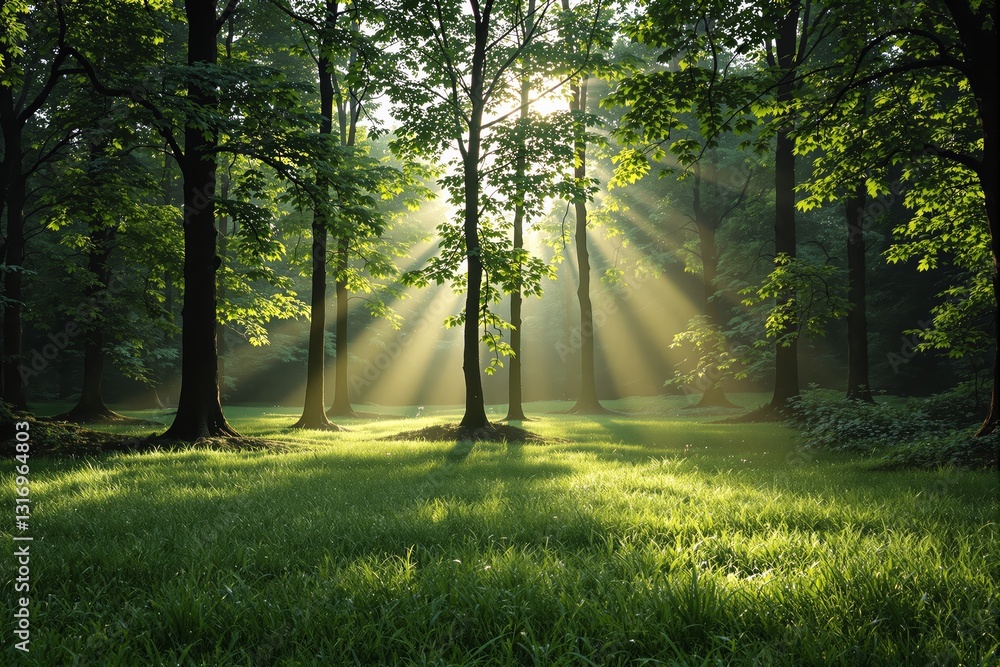 Poster sunlight streaming through lush forest trees, emphasizing serene nature and tranquility.