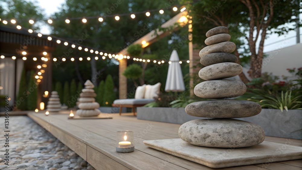 Poster balanced stone stacks arranged on a low table in a minimalist living space, creating a serene and ar