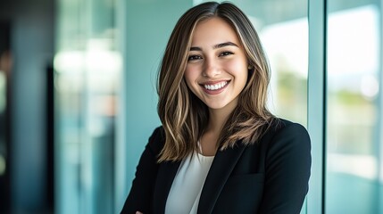 Fototapeta premium Beautiful Smiling Business Woman in Business Suit at Office Window, Professional Profile Picture, Minimalist Interior