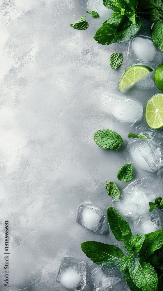Poster refreshing lime and mint with ice cubes on a textured gray background creating a vibrant and cool vi