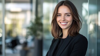 Fototapeta premium Beautiful Smiling Business Woman in Business Suit at Office Window, Professional Profile Picture, Minimalist Interior
