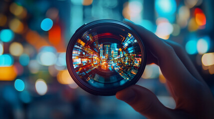 Night cityscape reflected in camera lens vibrant urban lights photography red blue dark image vivid
