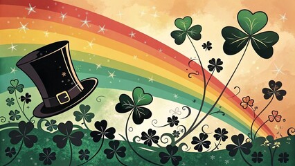  St. Patrick's Day Illustration, Shamrocks, Leprechaun Hat, and Rainbow, Festive Irish Theme  

