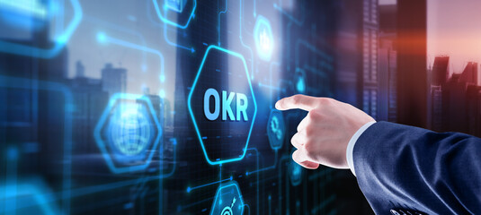 OKR Objective key result business technology finance concept on virtual screen