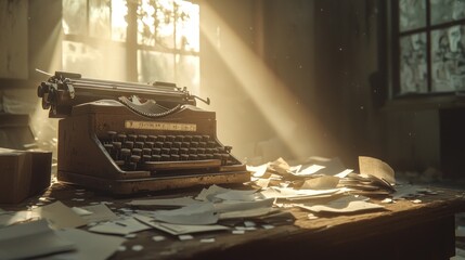 Sunbeams illuminate old typewriter on dusty desk in abandoned room.