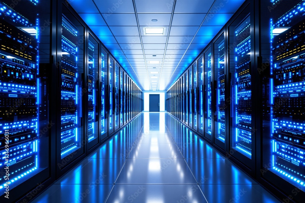 Poster futuristic data center with glowing blue server racks in a symmetrical corridor.