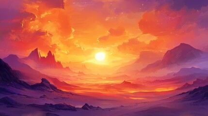 Vibrant sunset over a mystical, mountainous desert landscape.