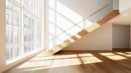 Sunlit modern apartment interior with wooden staircase and large window.